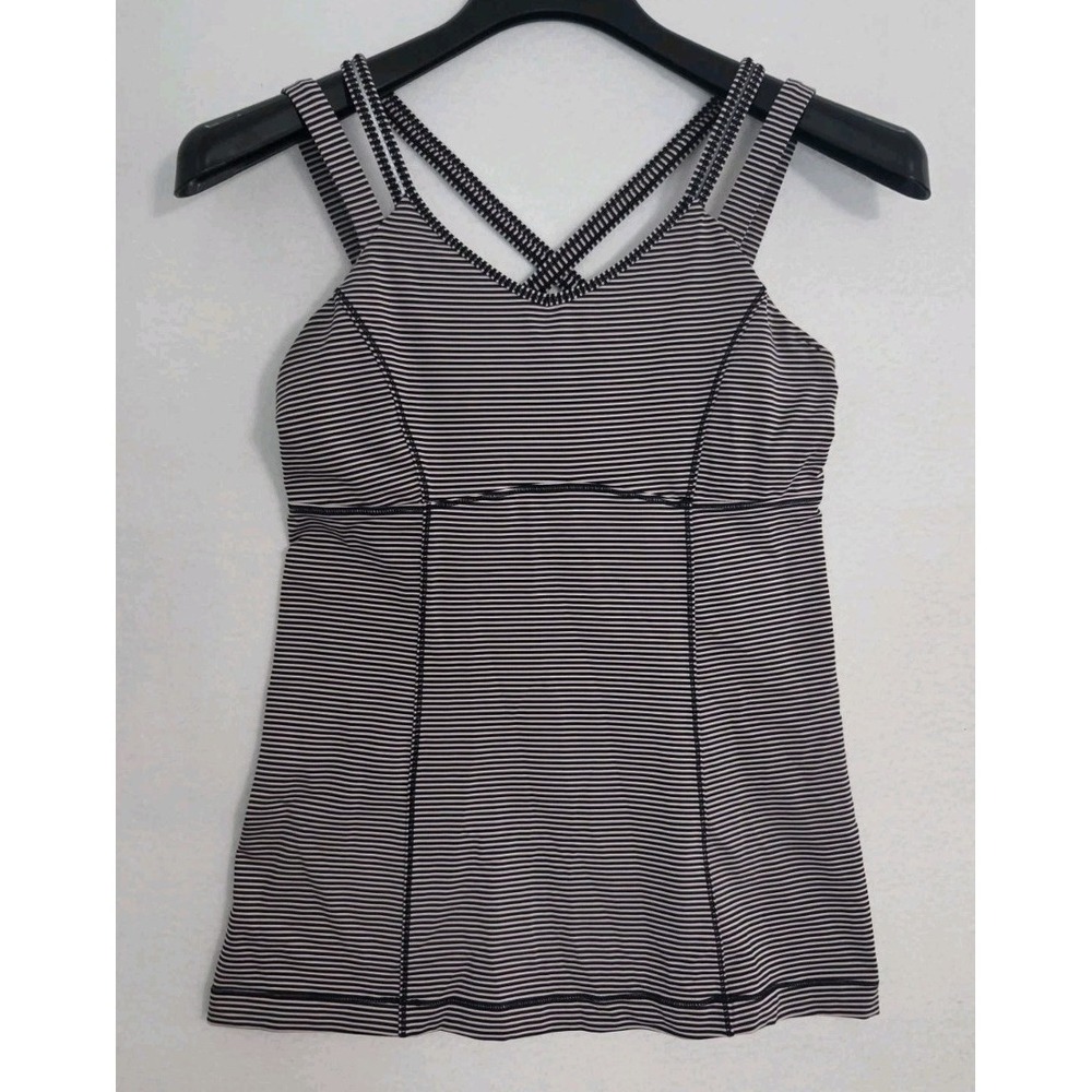Lululemon Athletica Size 10 Black Striped Strappy Cross Back Yoga Tank Top